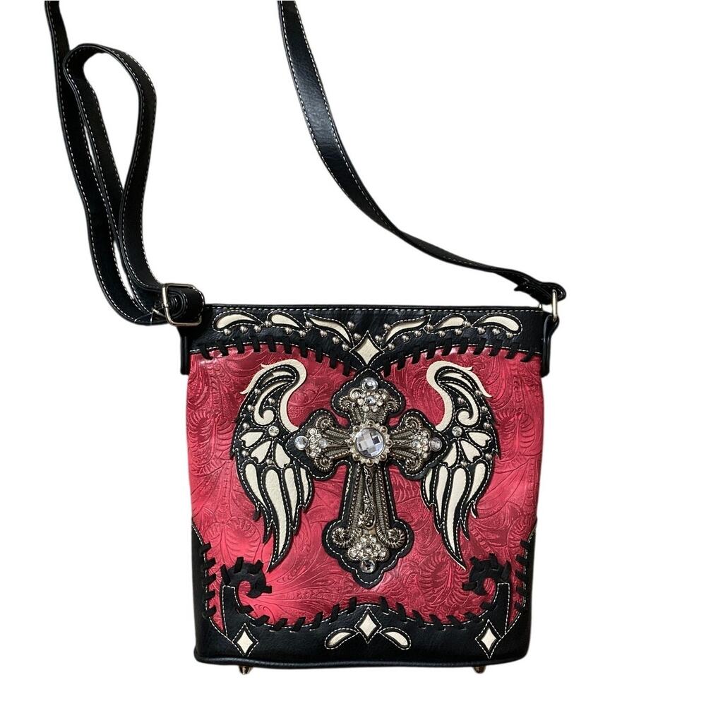Western Crossbody Purse Womens NEW Red Rhinestone Cross Angel Wings Cowgirl